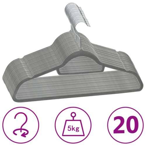 20-dijelni set vješalica za odjeću protuklizni sivi baršunasti