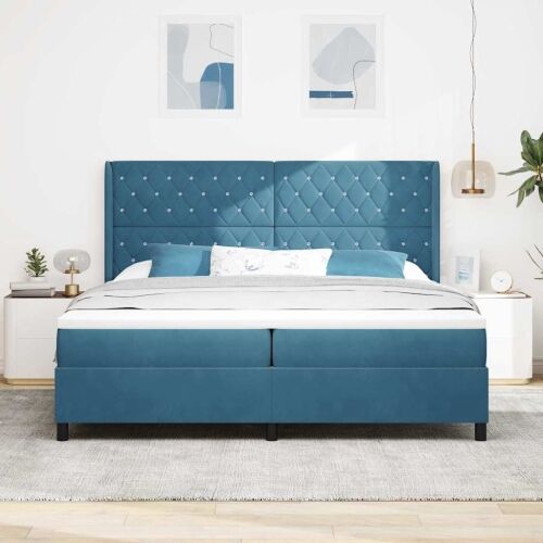 Box spring krevet s madracem Plava 200 x 200 cm Baršun - Tamno plava 200 x 200 cm Kristal s dugmadima Cijena