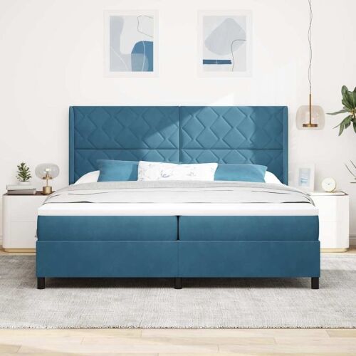 Box spring krevet s uzglavljem Plava 200 x 200 cm Baršun - Tamno plava 200 x 200 cm Dizajn s rombovima Cijena