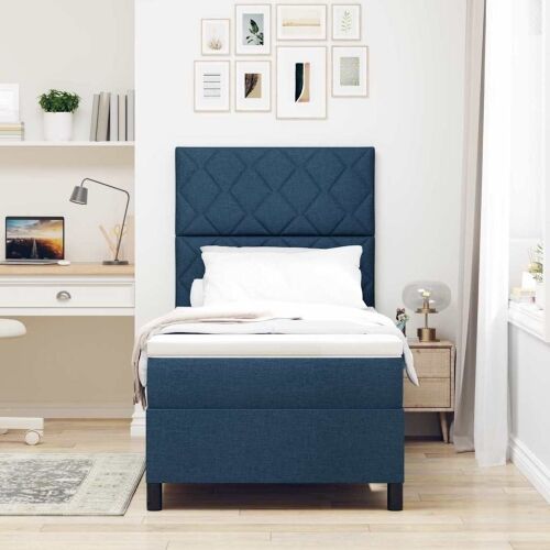 Box spring krevet s LED trakama Plava 90 x 200 cm tkanina - Plava 90 x 200 cm Dizajn s rombovima Cijena