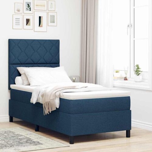 Box spring krevet s LED trakama Plava 90 x 200 cm tkanina - Plava 90 x 200 cm Dizajn s rombovima Cijena