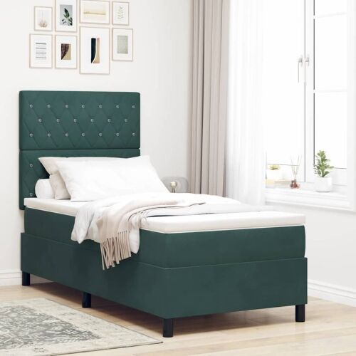 LED Box Spring Krevet s madracem Tamnozelena 90 x 190 cm Baršun - Tamnozelena 90 x 190 cm Kristal s dugmadima Cijena