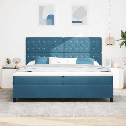 LED Box Spring Krevet Tamno plava 200 x 200 cm Baršun - Tamno plava 200 x 200 cm Kristal s dugmadima Cijena