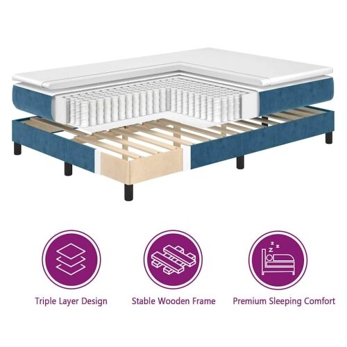 LED Box Spring Krevet Tamno plava 200 x 200 cm Baršun - Tamno plava 200 x 200 cm Kristal s dugmadima Cijena