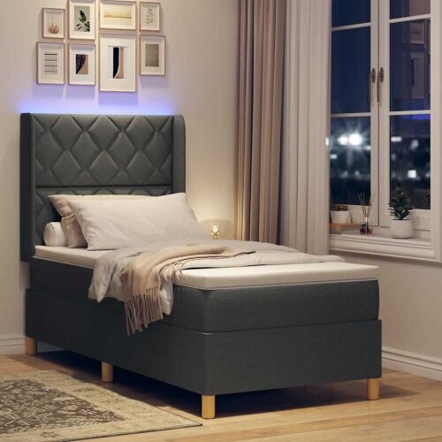 Box spring krevet s LED trakama Siva 90 x 190 cm tkanina - Tamno siva 90 x 190 cm Dizajn s rombovima Cijena