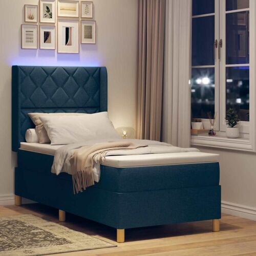 Box spring krevet s LED trakama Plava 90 x 190 cm tkanina - Plava 90 x 190 cm Dizajn s rombovima Cijena