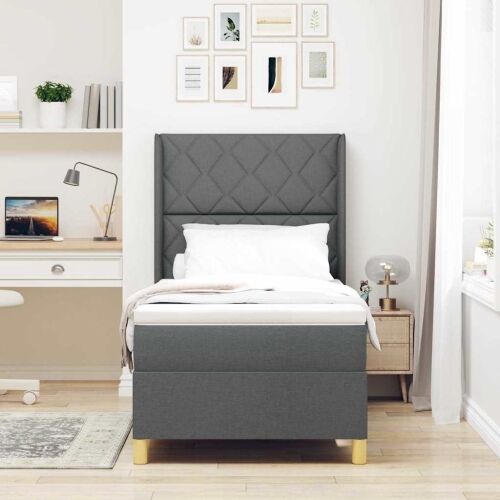 Box spring krevet s LED trakama Siva 90 x 200 cm tkanina - Tamno siva 90 x 200 cm Dizajn s rombovima Cijena