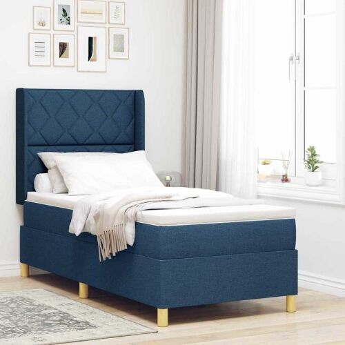 Box spring krevet s LED trakama Plava 90 x 200 cm tkanina - Plava 90 x 200 cm Dizajn s rombovima Cijena