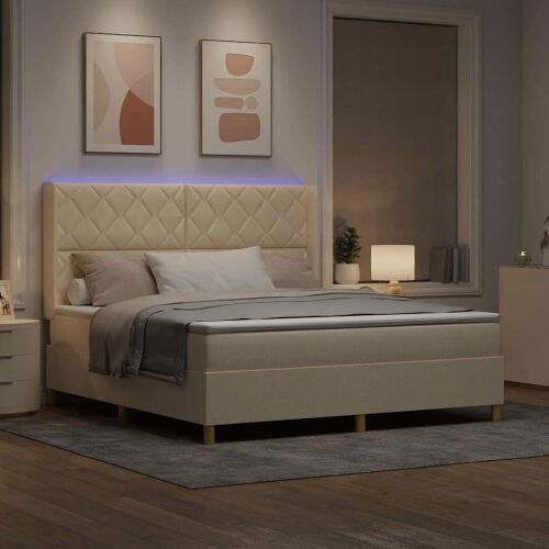 Box spring krevet s LED trakama Krema 180 x 200 cm tkanina - Krema 180 x 200 cm Dizajn s rombovima Cijena