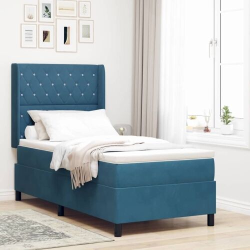 Box spring krevet s madracem Plava 90 x 190 cm Baršun - Tamno plava 90 x 190 cm Kristal s dugmadima Cijena