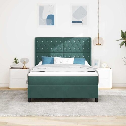 Box spring krevet s LED trakama Zelena 140 x 190 cm Baršun - Tamnozelena 140 x 190 cm Kristal s dugmadima Cijena