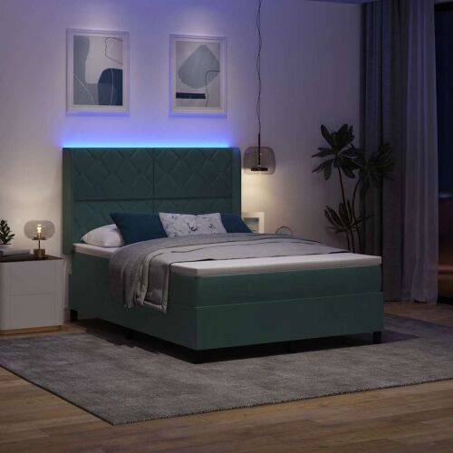 Box spring krevet s LED trakama Zelena 140 x 190 cm Baršun - Tamnozelena 140 x 190 cm Dizajn s rombovima Cijena
