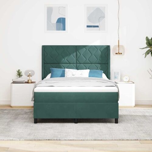 Box spring krevet s LED trakama Zelena 140 x 190 cm Baršun - Tamnozelena 140 x 190 cm Dizajn s rombovima Cijena