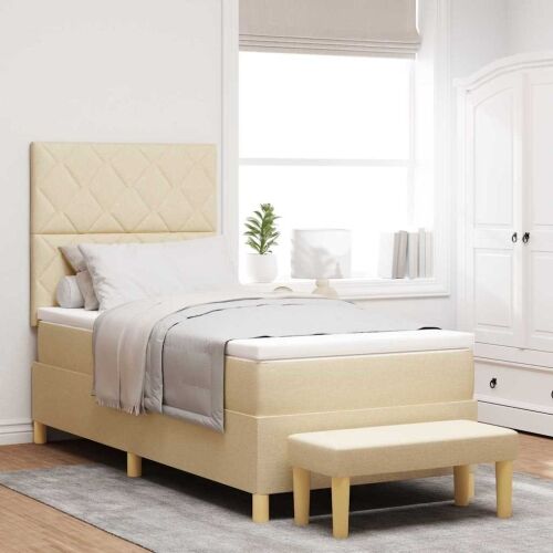 Box spring krevet s jastukom Krema 190 x 90 cm tkanina - Krema 90 x 190 cm Dizajn s rombovima Cijena