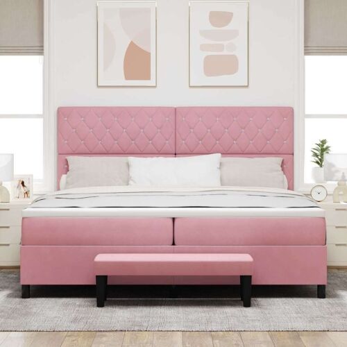 Box spring krevet s madracem Ružičasta 200 x 200 cm Baršun - Ružičasta 200 x 200 cm Kristal s dugmadima Cijena