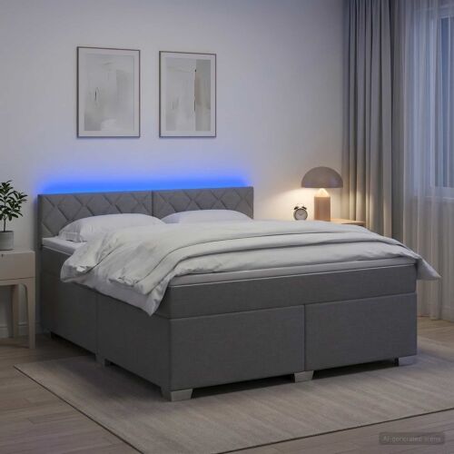 Krevet s box springom, madracem i LED-om Svjetlosiva Tkanina - Svjetlosiva 180 x 200 cm Dizajn s rombovima Cijena