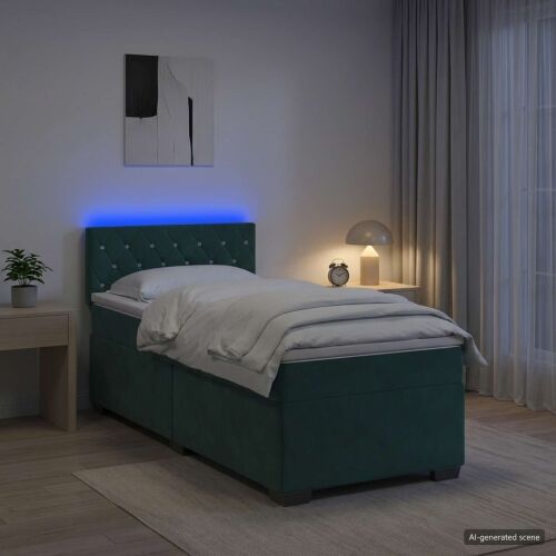 Krevet s box springom, madracem i LED-om Tamnozelena Baršun - Tamnozelena 100 x 200 cm Kristal s dugmadima Cijena