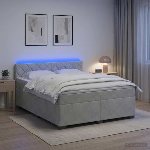 Krevet s box springom, madracem i LED-om Svjetlosiva Baršun - Svjetlosiva 160 x 200 cm Dizajn s rombovima Cijena