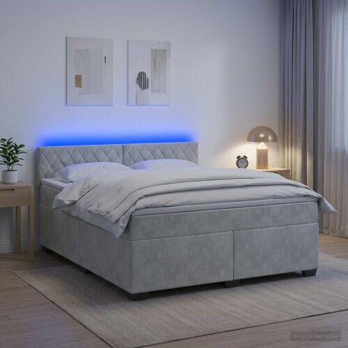 Krevet s box springom, madracem i LED-om Svjetlosiva Baršun - Svjetlosiva 180 x 200 cm Kristal s dugmadima Cijena