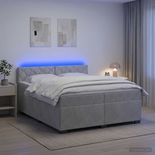 Krevet s box springom, madracem i LED-om Svjetlosiva Baršun - Svjetlosiva 200 x 200 cm Dizajn s rombovima Cijena