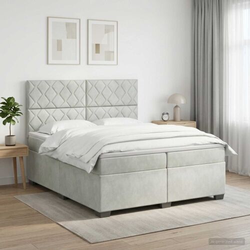 Boxspring krevet s madracem Svjetlosiva 200 x 200 cm Baršun - Svjetlosiva 200 x 200 cm Dizajn s rombovima Cijena