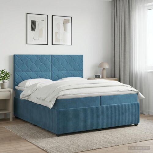 Boxspring krevet s madracem Plava 200 x 200 cm Baršun - Plava 200 x 200 cm Dizajn s rombovima Cijena
