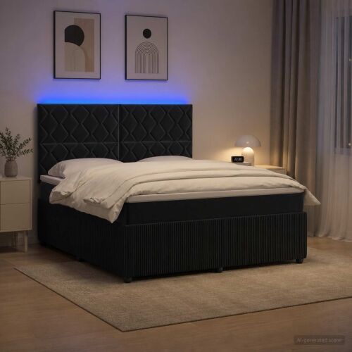 LED okvir za krevet s madracem Crna 160 x 200 cm Baršun - Crna 160 x 200 cm Dizajn s rombovima Cijena