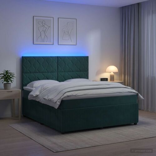 LED okvir za krevet s madracem Tamnozelena 160 x 200 cm Baršun - Tamnozelena 160 x 200 cm Dizajn s rombovima Cijena