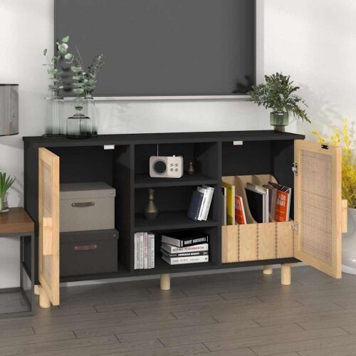 Komoda crna 105 x 30 x 60 cm masivna borovina i prirodni ratan - Crna 1 Crna Cijena