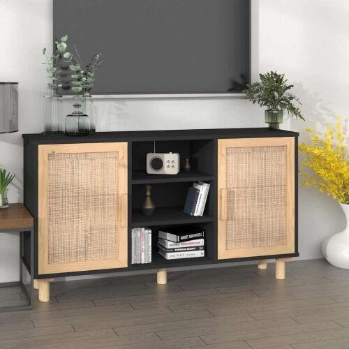Komoda crna 105 x 30 x 60 cm masivna borovina i prirodni ratan - Crna 1 Crna Cijena