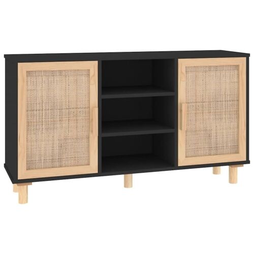 Komoda crna 105 x 30 x 60 cm masivna borovina i prirodni ratan - Crna 1 Crna Cijena