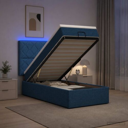 Krevet od pjene s madracem i LED-om Plava 90 x 190 cm Tkanina - Plava 90 x 190 cm Dizajn s rombovima Cijena