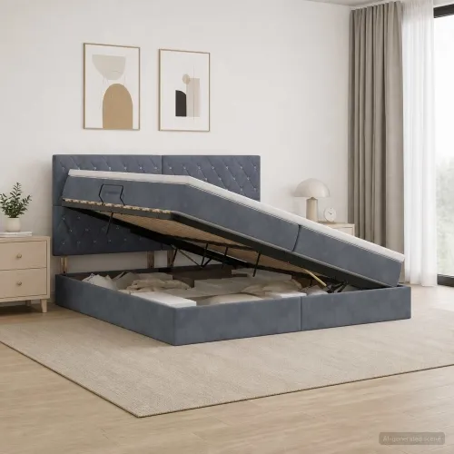 Krevet s madracem i skladištem Tamnosiva 200 x 200 cm Baršun - Tamnosiva 200 x 200 cm Kristal s dugmadima Cijena