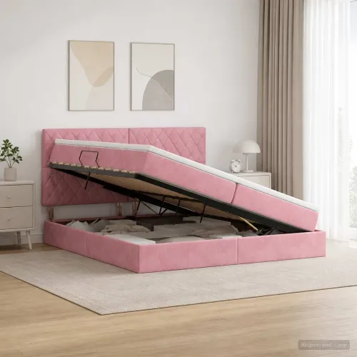 Krevet s madracem i skladištem Ružičasta 200 x 200 cm Baršun - Ružičasta 200 x 200 cm Kristal s dugmadima Cijena