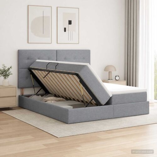 Krevet s od storage s pohranom Svjetlosiva 200 x 200 cm Tkanina - Svjetlosiva 200 x 200 cm Prošiveno gumbima Cijena