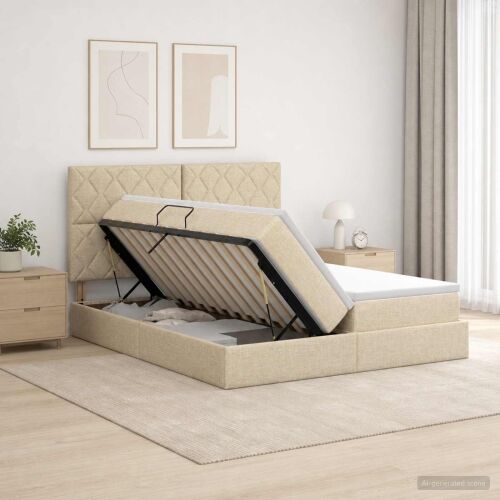 Krevet s od storage s uzglavljem Krem 180 x 200 cm Tkanina - Krem 180 x 200 cm Dizajn s rombovima Cijena