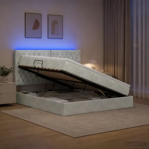 LED krevet za pohranu s madracem Svjetlosiva 180 x 200 cm - Svjetlosiva 180 x 200 cm Kristal s dugmadima Cijena