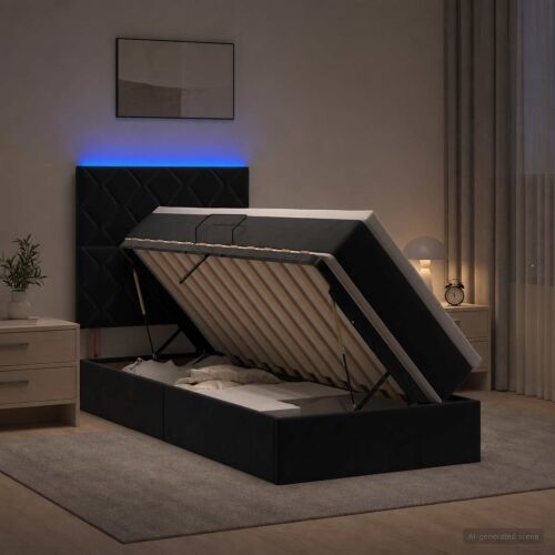 LED krevet za pohranu s madracem Crna 100 x 200 cm Baršun - Crna 100 x 200 cm Dizajn s rombovima Cijena