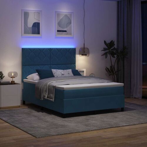 LED Box Spring Krevet Tamno plava 140 x 190 cm Baršun - Tamno plava 140 x 190 cm Dizajn s rombovima Cijena