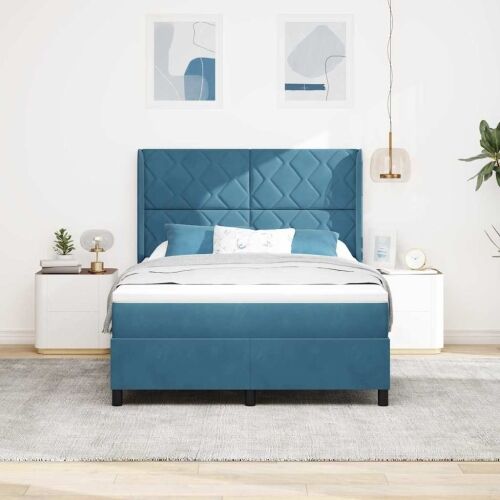Box spring krevet s LED trakama Plava 160 x 200 cm Baršun - Tamno plava 160 x 200 cm Dizajn s rombovima Cijena