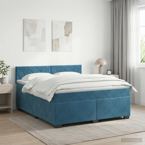 Boxspring krevet s madracem Tamno plava 140 x 200 cm Baršun - Plava 140 x 200 cm Dizajn s rombovima Cijena