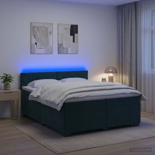 Krevet s box springom, madracem i LED-om Tamnozelena Baršun - Tamnozelena 200 x 200 cm Dizajn s rombovima Cijena