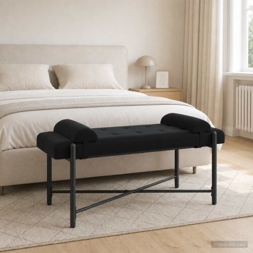 Klupa s gumbima i jastučićima Crna 110 x 40 x 46 cm Baršun - Crna Cijena