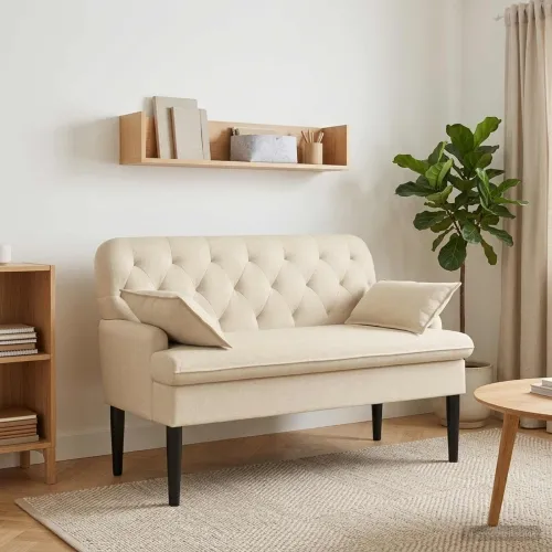 Ljubavni kauč s gumbima Krem 111 x 68 x 80 cm Tkanina - Krem Cijena