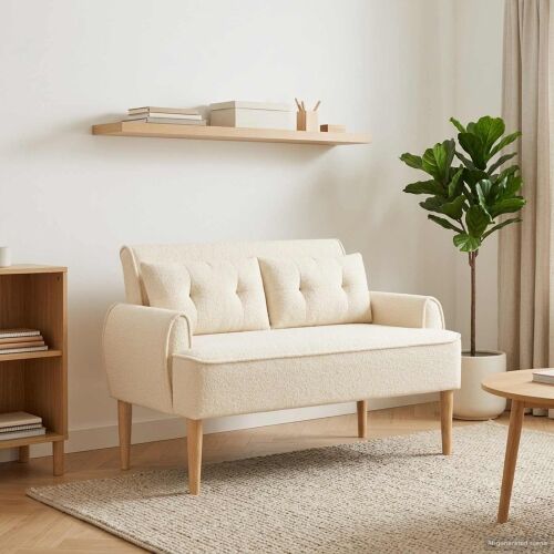 Ljubavni kauč s gumbima Krem 117 x 67 x 77 cm Bouclé - Krem Cijena