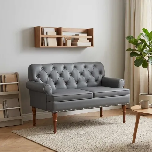 Ljubavni kauč s gumbima Siva 120 x 65 x 77 cm Umjetna koža - Siva Cijena