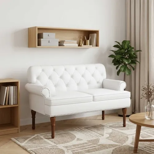 Ljubavni kauč s gumbima Bijela 120 x 65 x 77 cm Umjetna koža - Bijela Cijena