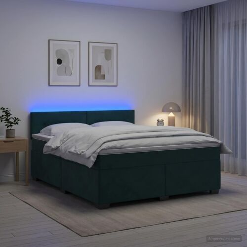 Krevet s box springom, madracem i LED-om Tamnozelena Baršun - Tamnozelena 160 x 200 cm Prošiveno gumbima Cijena