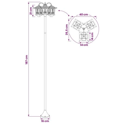 Lampa sa tri glave Crna 16 x 16 x 187 cm Aluminij i ABS - Sjenilo s uzorkom (bez posude) Cijena