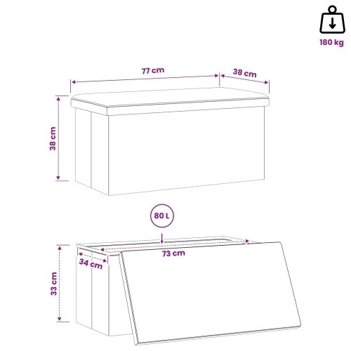 Sklopiva klupa za pohranu Siva 180 kg 80 L 77 x 38 x 38 cm PVC - Siva 77 x 38 x 38 cm Cijena